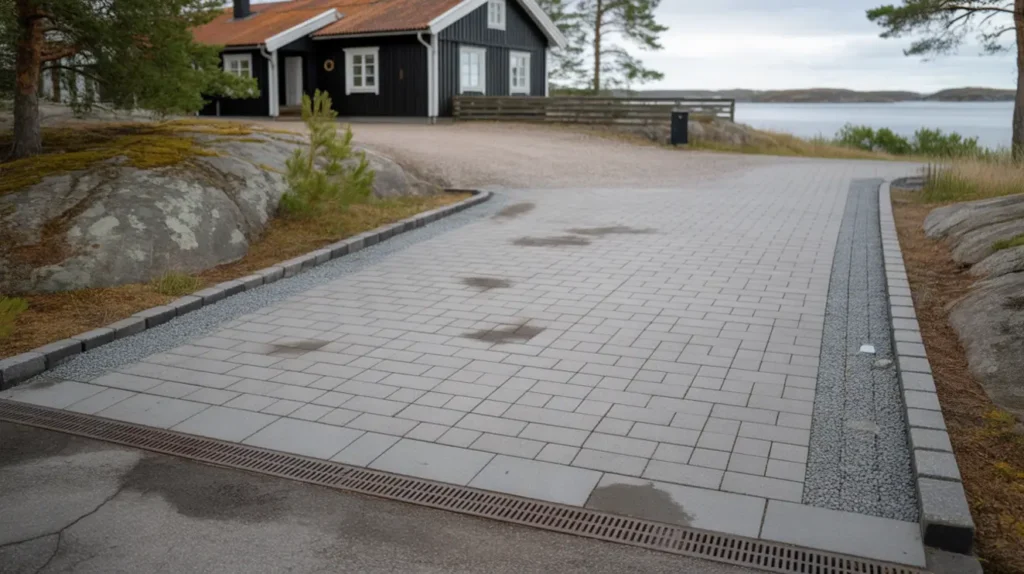 stensatt biluppfart med marksten vid villa i grisslehamn roslagen