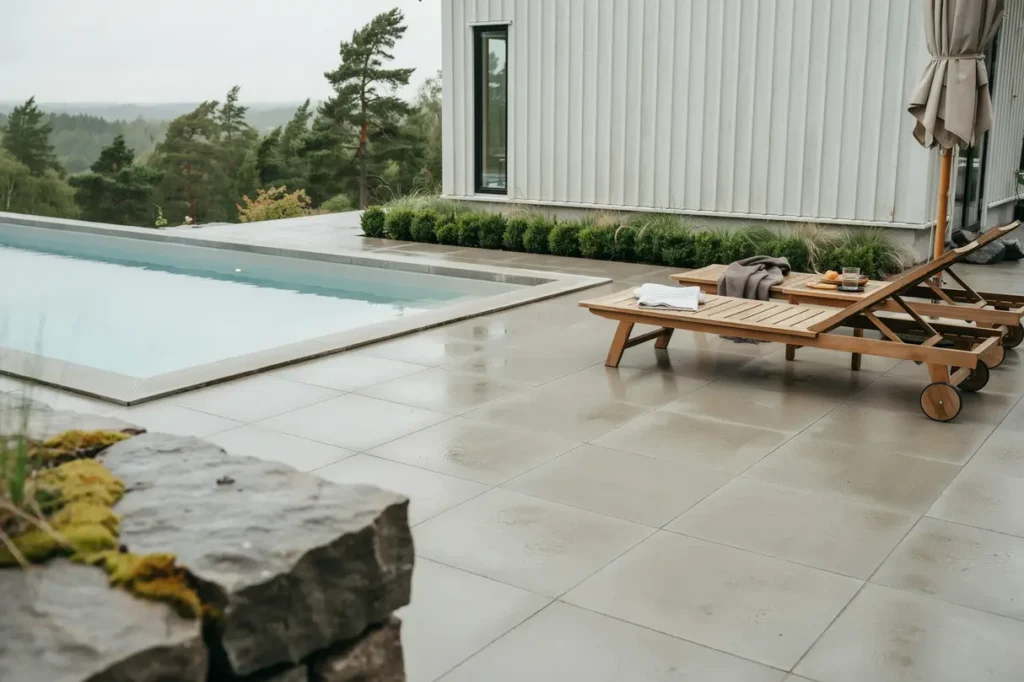 lagda betongplattor runt pool i norrt lje roslagen