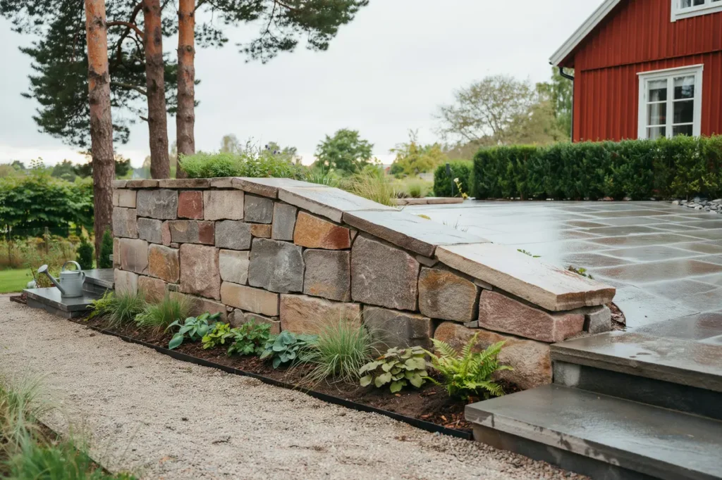nyanlagd terrassering med st dmur i natursten i norrt lje roslagen
